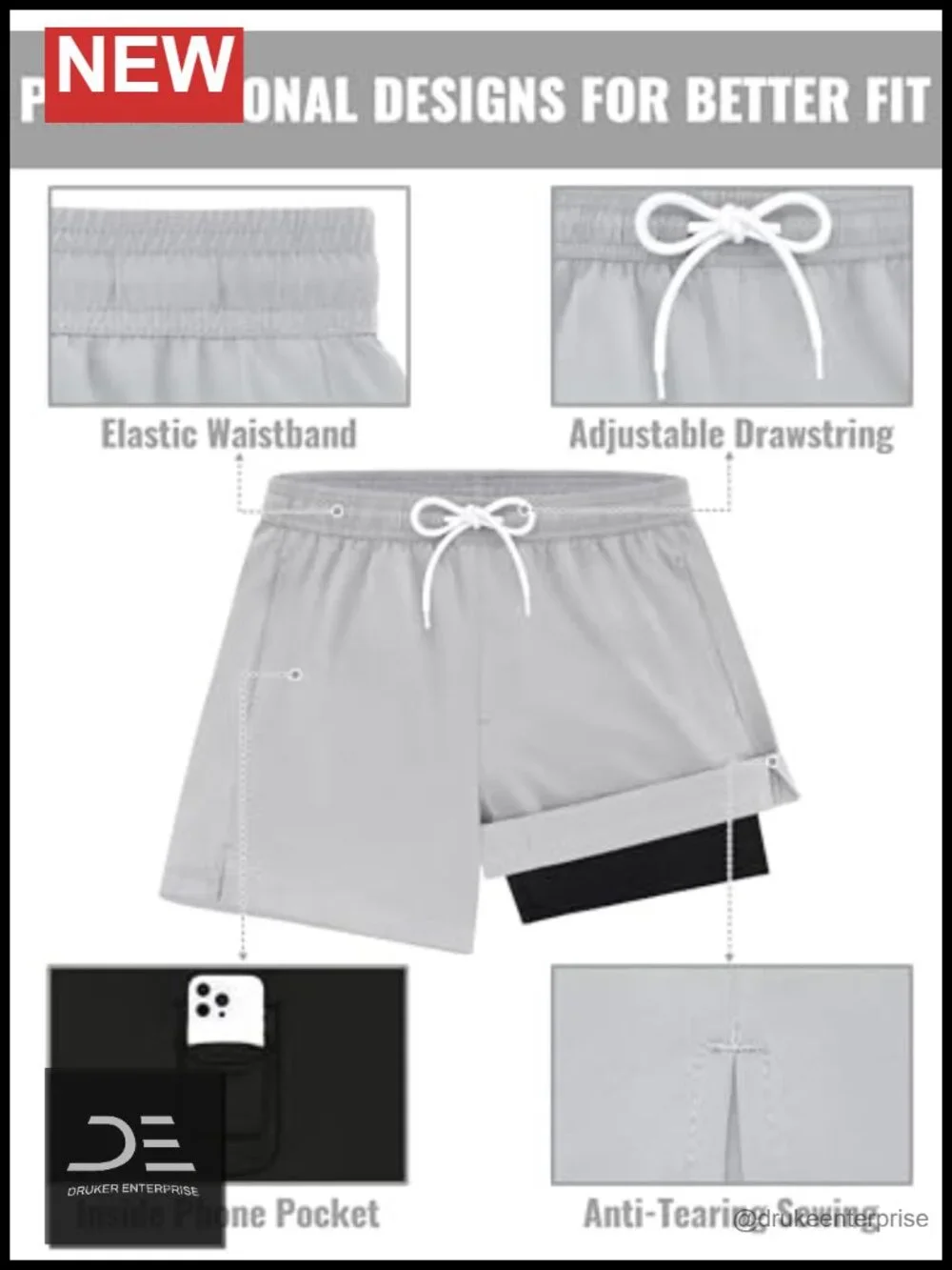 Men's Swim Trunks 5 Inch with Compression Liner UPF 50+ Quick Dry